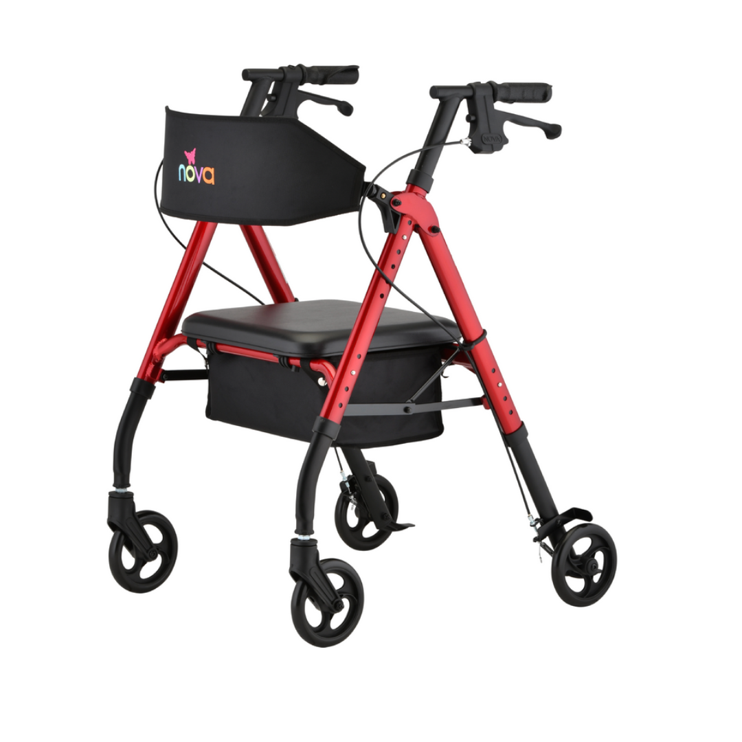 The Nova Medical Star 6 OS Rollator Walker, designed for users 51 to 62, features red and black styling with 6 wheels, patented locking hand brakes, a cushioned seat, padded backrest with a logo, and a convenient storage pouch beneath the seat. Lightweight and foldable for easy transport.